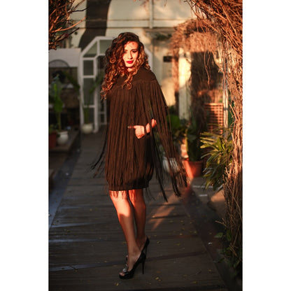 Echke Knee Length Dress with Ribbed Hem and Tassels
