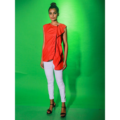 Echke Coral Top With Off Center Zipper Placket And Frill