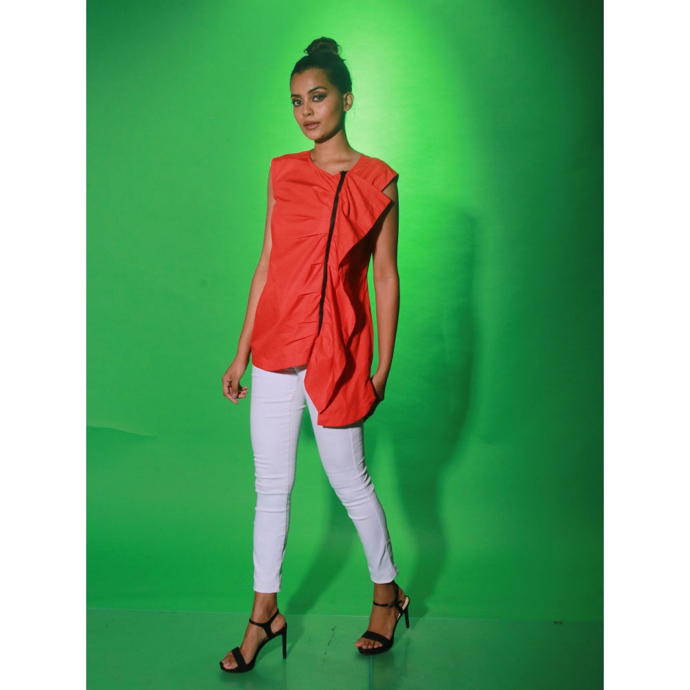 Echke Coral Top With Off Center Zipper Placket And Frill