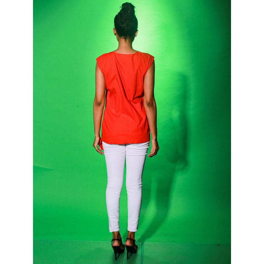 Echke Coral Top With Off Center Zipper Placket And Frill