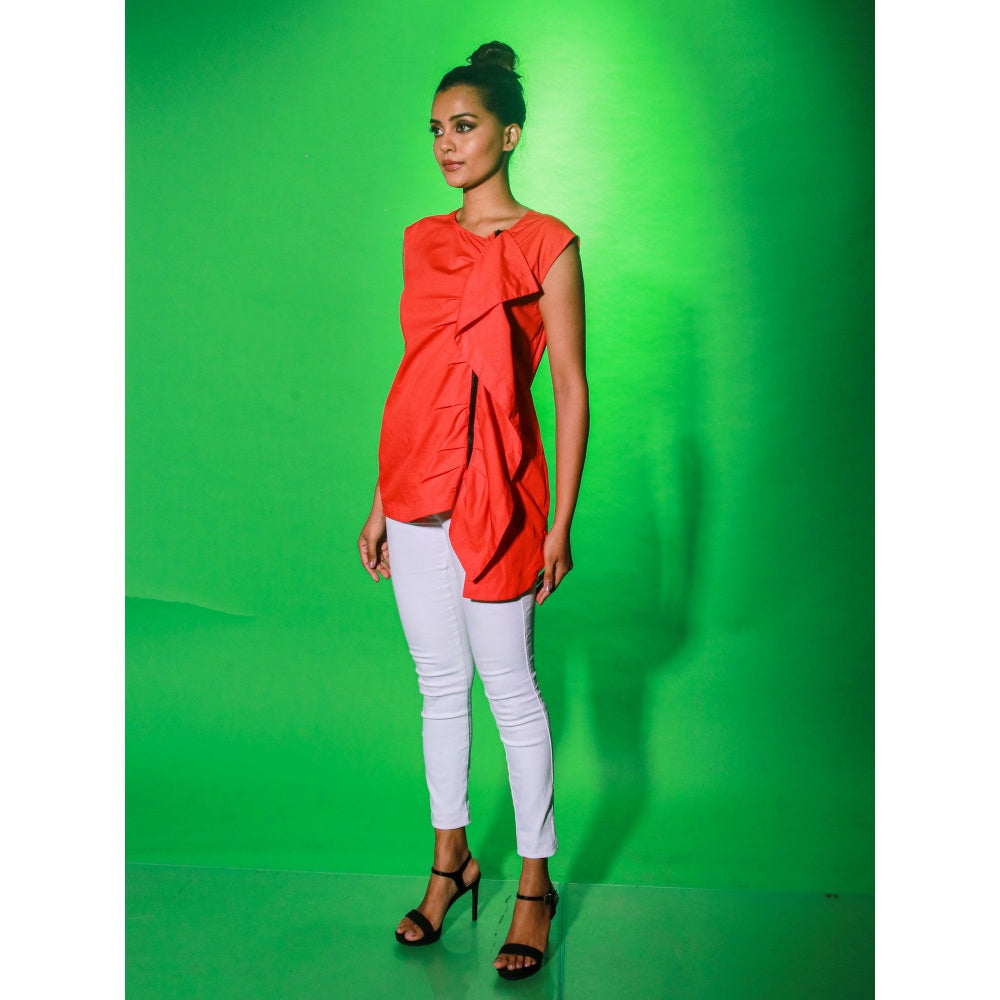Echke Coral Top With Off Center Zipper Placket And Frill