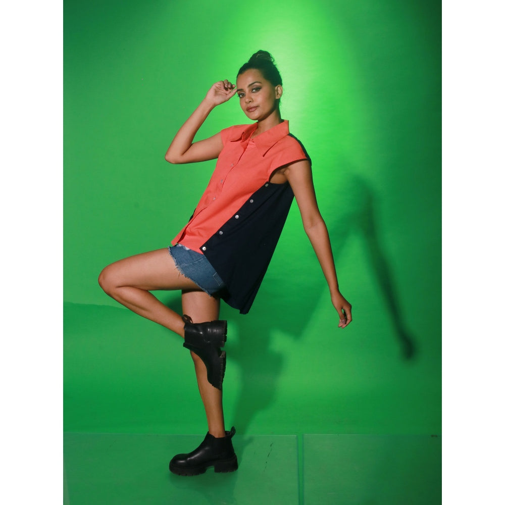 Echke Coral And Navy Blue Top With Collar And Button Feature