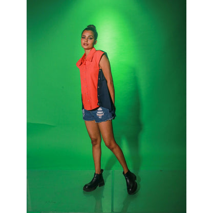 Echke Coral And Navy Blue Top With Collar And Button Feature