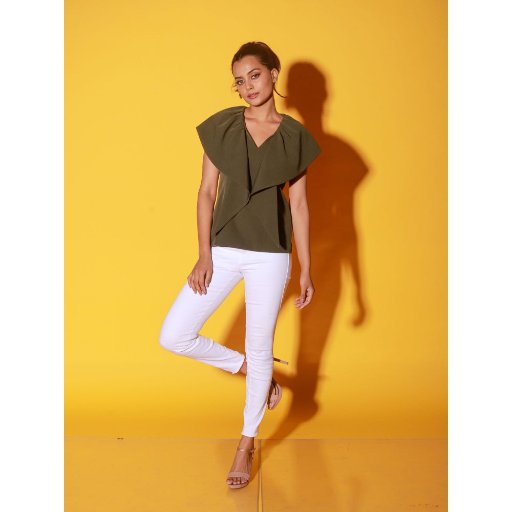Echke Olive Green V-Neck Top With Frills