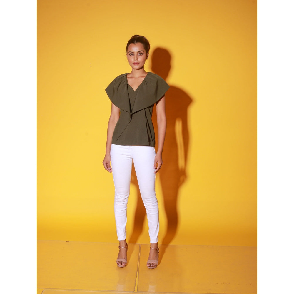Echke Olive Green V-Neck Top With Frills