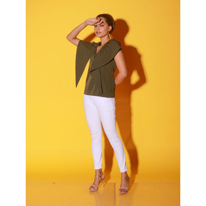 Echke Olive Green V-Neck Top With Frills