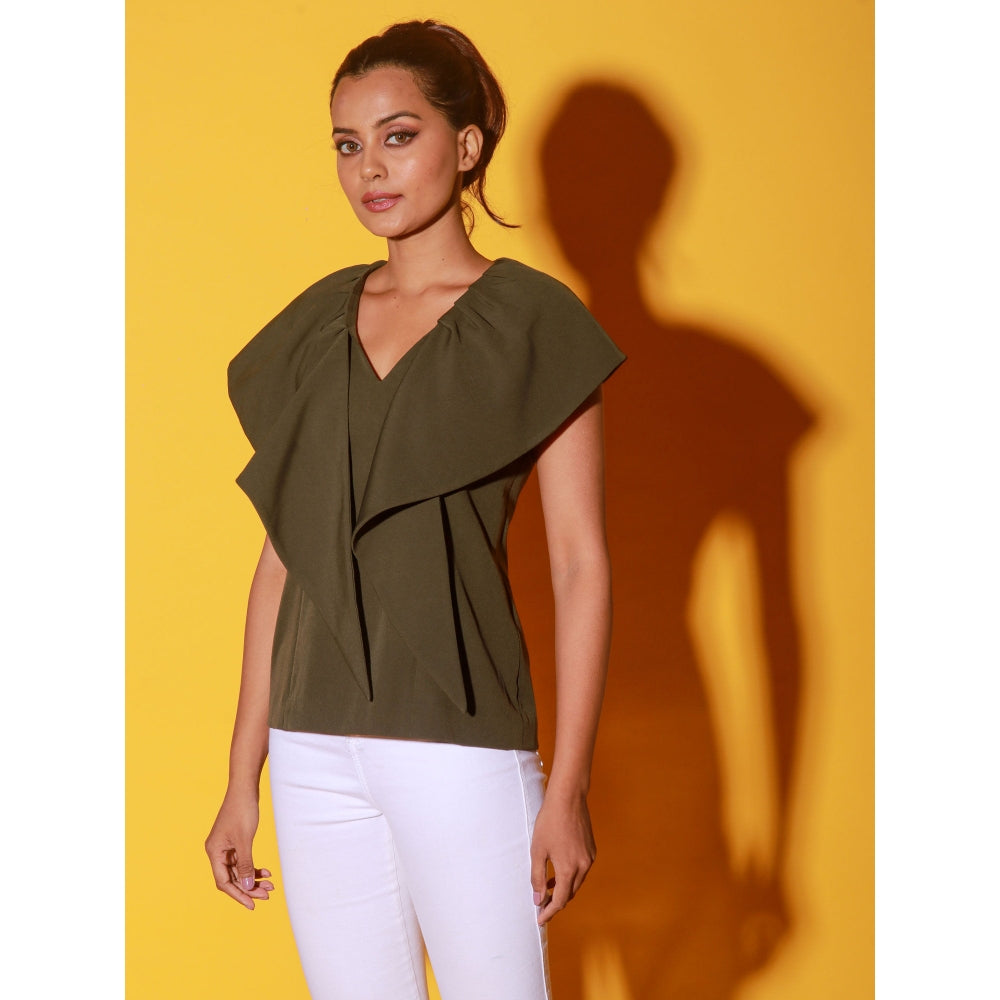 Echke Olive Green V-Neck Top With Frills
