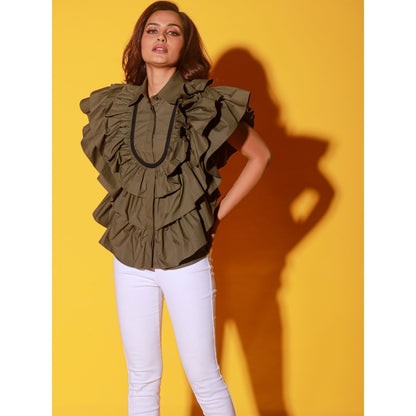 Echke Olive Green Shirt With Ruffles And Black Patti's On The Yoke