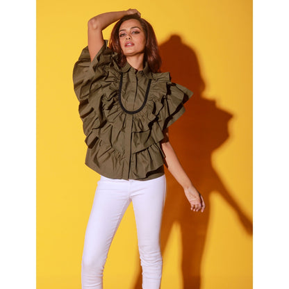 Echke Olive Green Shirt With Ruffles And Black Patti's On The Yoke
