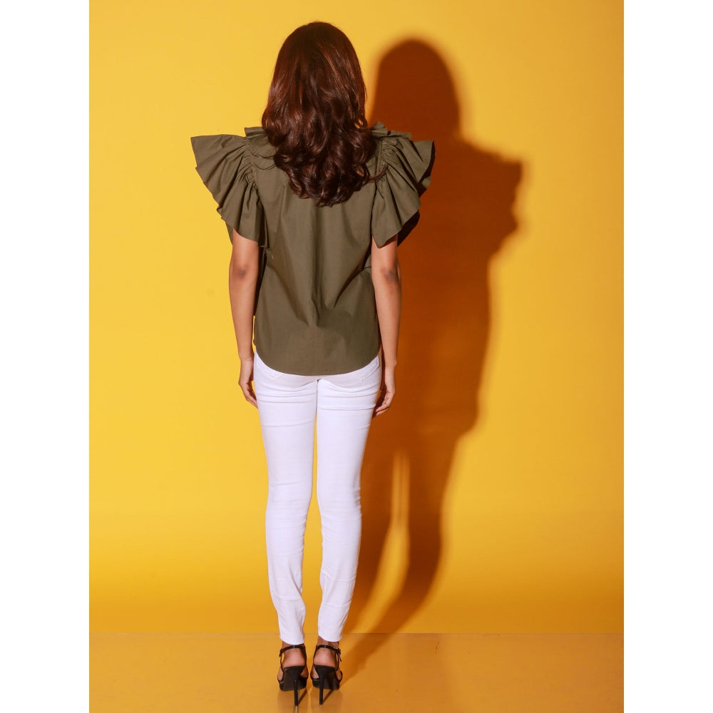 Echke Olive Green Shirt With Ruffles And Black Patti's On The Yoke