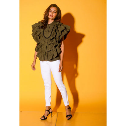 Echke Olive Green Shirt With Ruffles And Black Patti's On The Yoke