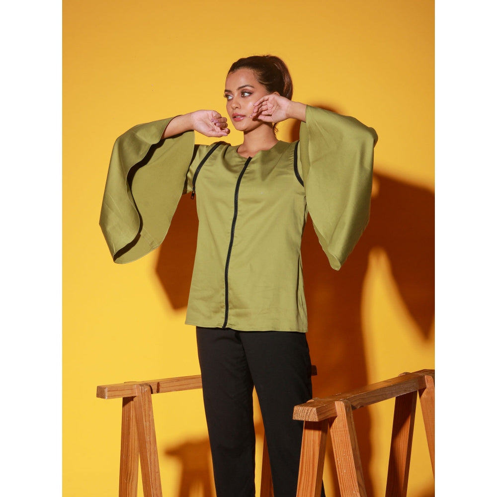 Echke Moss Green Top With Zipper And Asymmetric Bell Sleeves