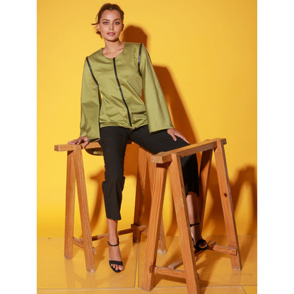 Echke Moss Green Top With Zipper And Asymmetric Bell Sleeves