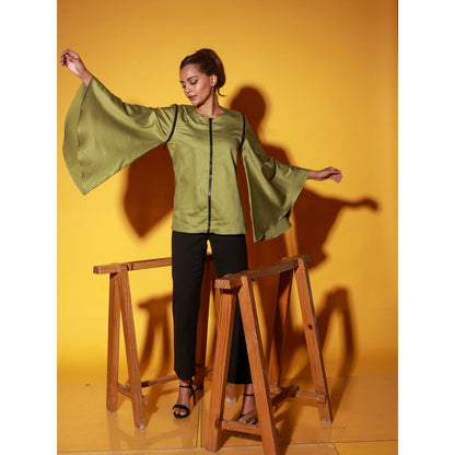 Echke Moss Green Top With Zipper And Asymmetric Bell Sleeves