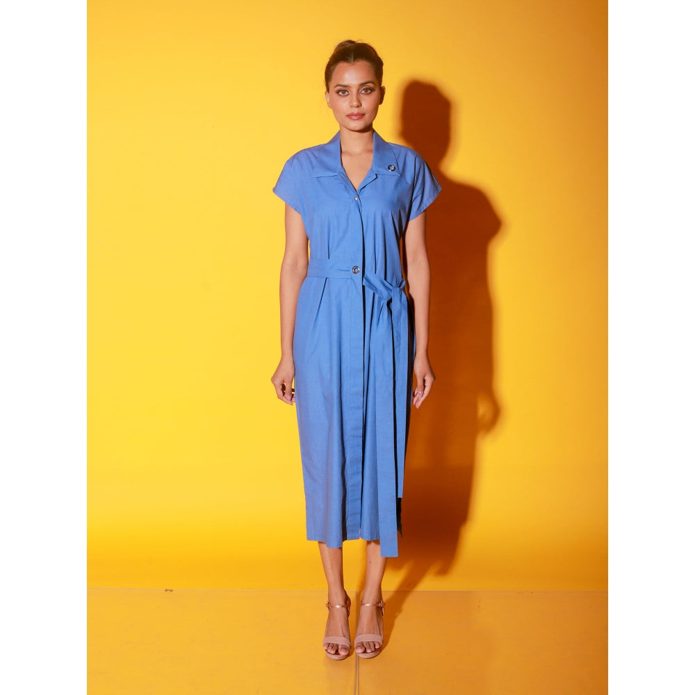 Echke Slate Blue Long Shirt Dress With Short Sleeves And Side Tie-Up Feature (Set of 2)