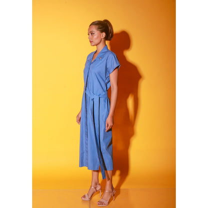 Echke Slate Blue Long Shirt Dress With Short Sleeves And Side Tie-Up Feature (Set of 2)