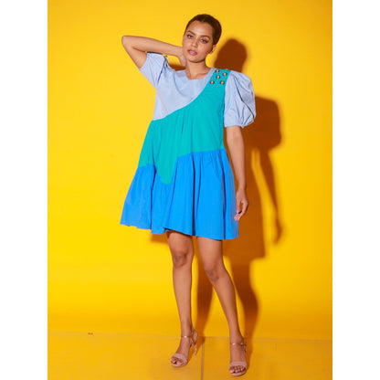 Echke Turquoise, Slate And Powder Short Dress With Balloon Sleeves