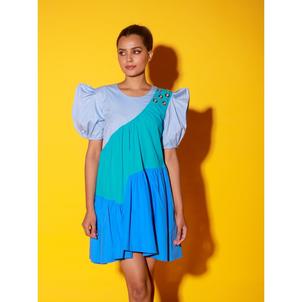 Echke Turquoise, Slate And Powder Short Dress With Balloon Sleeves