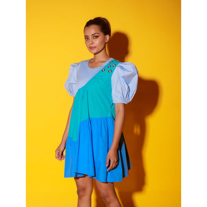 Echke Turquoise, Slate And Powder Short Dress With Balloon Sleeves