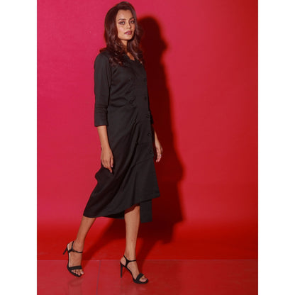 Echke Black Dress With Collar Neck And Overcoat Placket