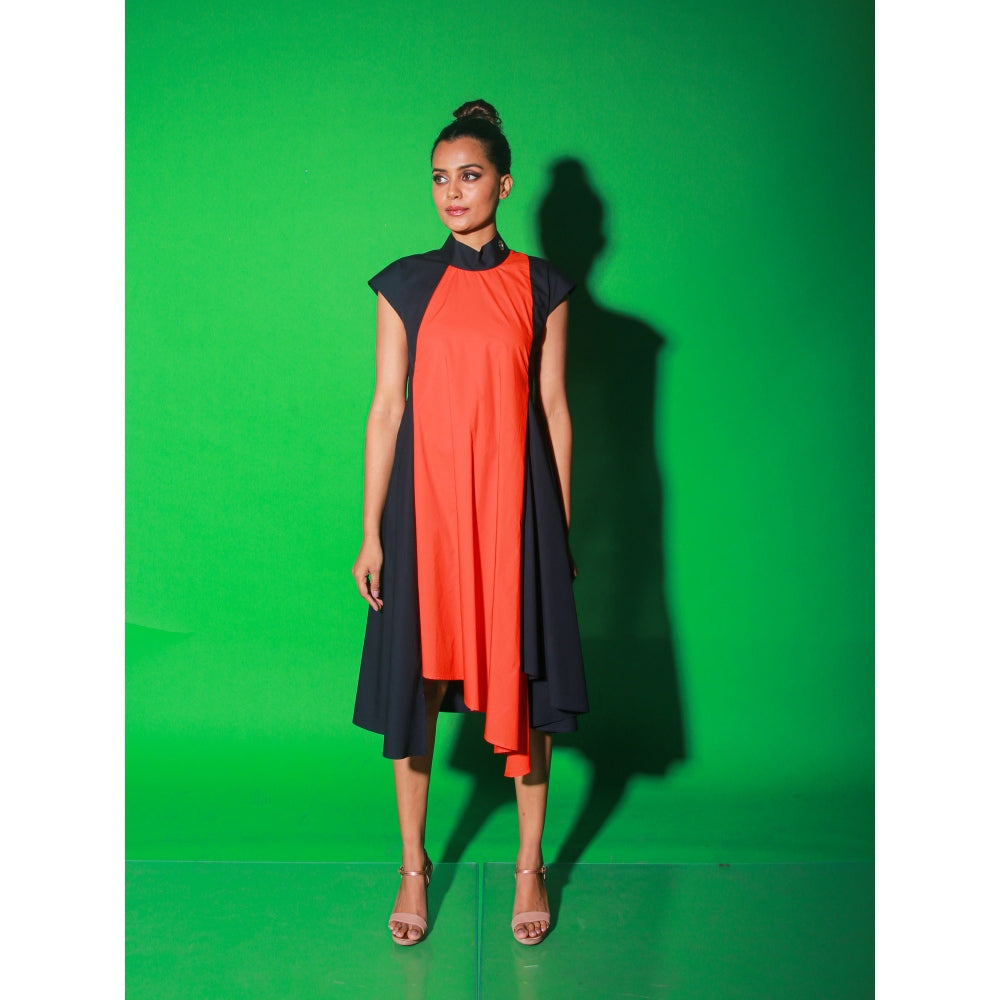 Echke Blue And Orange Long Asymmetric Dress With Chinese Collar And Zipper At Back