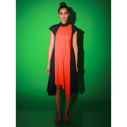 Echke Blue And Orange Long Asymmetric Dress With Chinese Collar And Zipper At Back