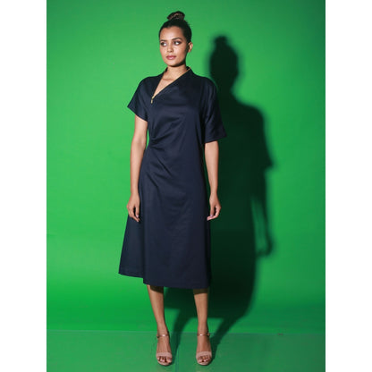 Echke Blue Midi Dress With Short Sleeves And Asymmetrical Neck