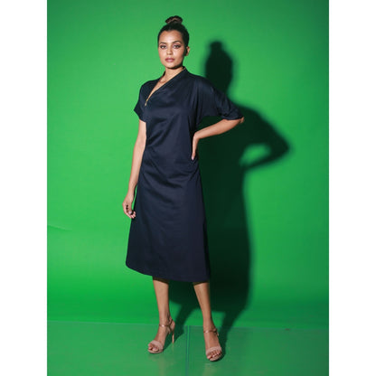 Echke Blue Midi Dress With Short Sleeves And Asymmetrical Neck