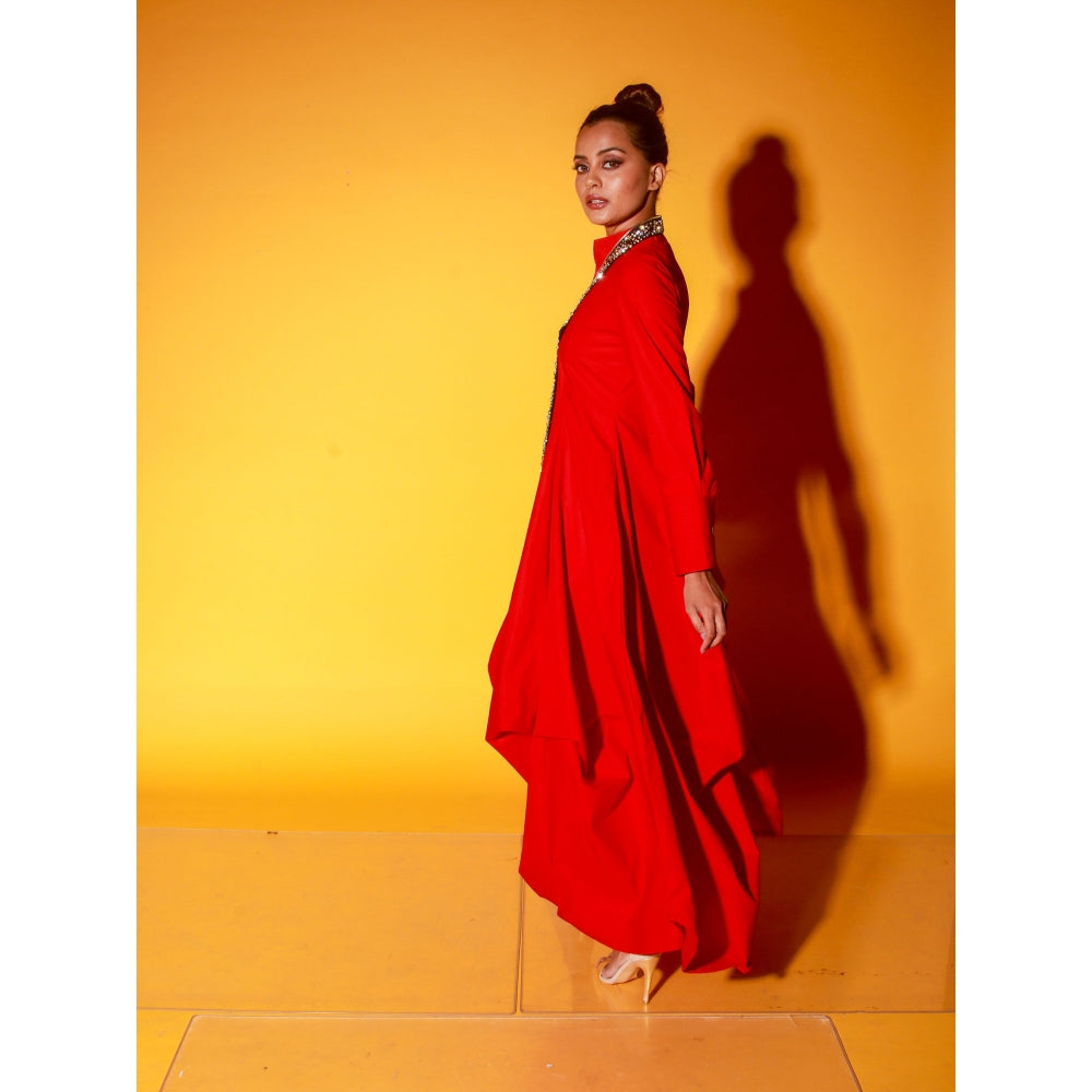 Echke Red Chinese Collar Dress With Long Sleeves And Asymmetric Balloon Feature