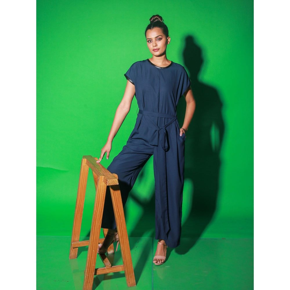 Echke Blue Jumpsuit With Tie-Up And Black Leather Piping Around The Neck (Set of 2)