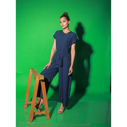Echke Blue Jumpsuit With Tie-Up And Black Leather Piping Around The Neck (Set of 2)