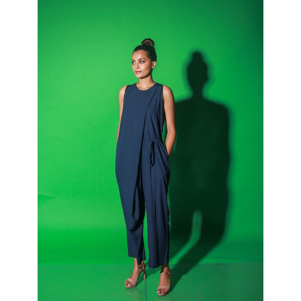 Echke Blue Full Length Sleeveless Jumpsuit With Side Tie-Up Feature On The Waist