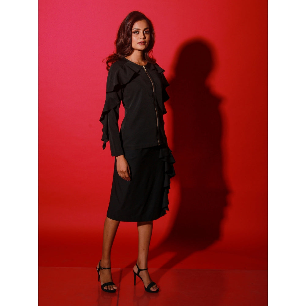 Echke Black Top With Frill Feature From Sleeves Across The Neck And Skirt (Set of 2)