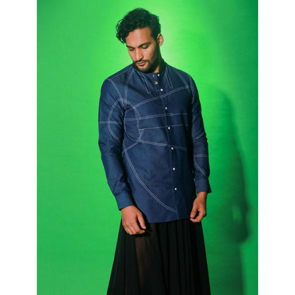 Echke Navy Blue Solid Denim Shirt