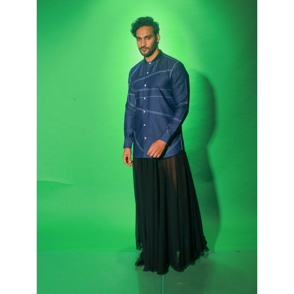 Echke Navy Blue Solid Denim Shirt