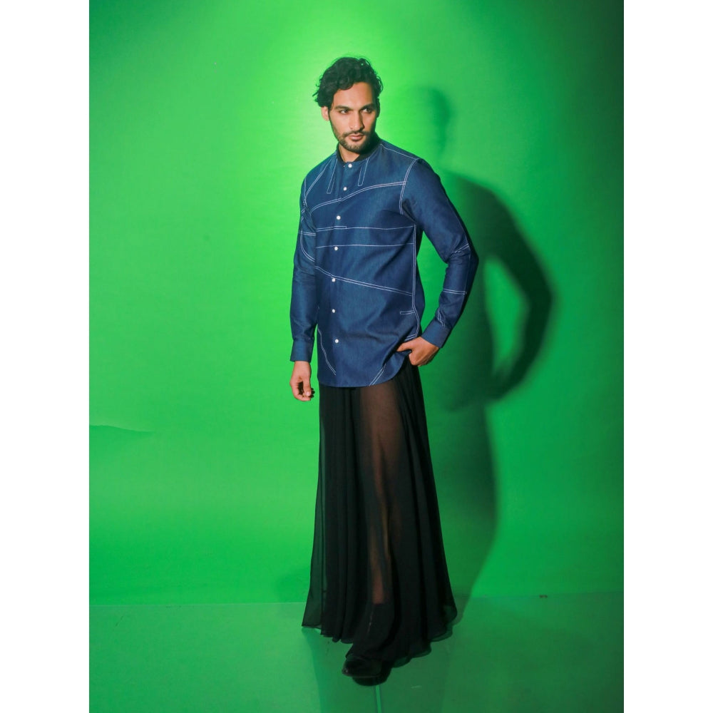 Echke Navy Blue Solid Denim Shirt