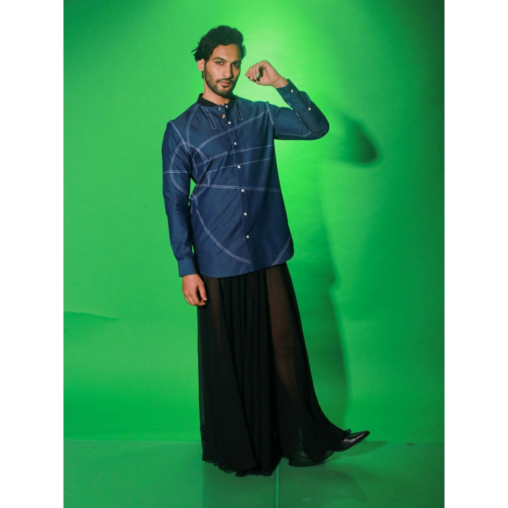 Echke Navy Blue Solid Denim Shirt