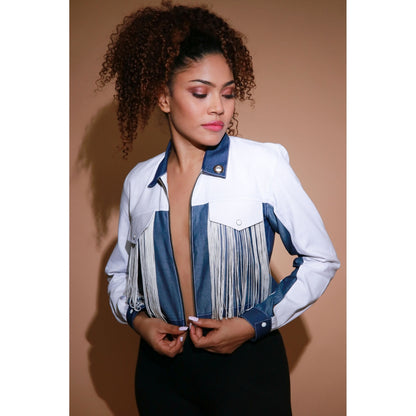 Echke White Light Denim and Dark Denim Crop Jacket with Silver Zipper Placket