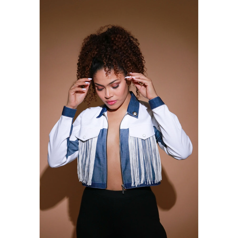 Echke White Light Denim and Dark Denim Crop Jacket with Silver Zipper Placket