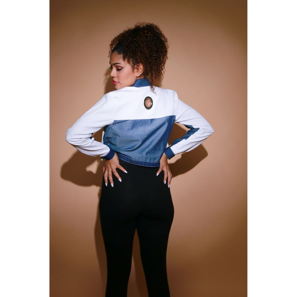 Echke White Light Denim and Dark Denim Crop Jacket with Silver Zipper Placket