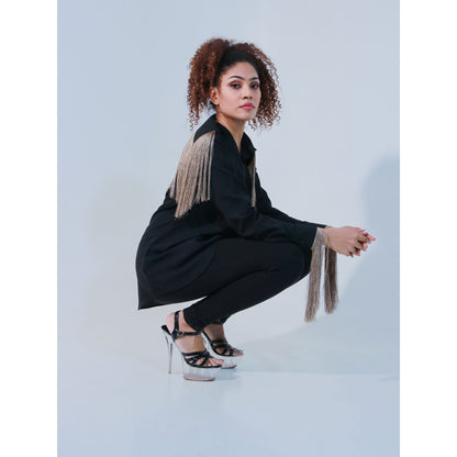 Echke Black Rayon Full Sleeves Shirt with Detached Attached Collar and Tassels Feature