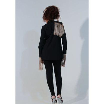 Echke Black Rayon Full Sleeves Shirt with Detached Attached Collar and Tassels Feature