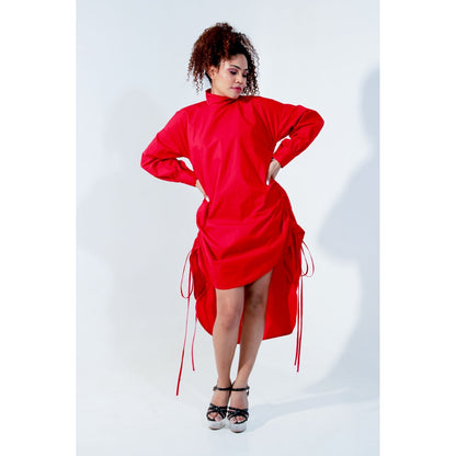 Echke Red High Collared Front Pull Up Top