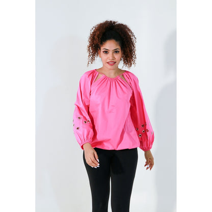 Echke Pink Waist Elasticated Top with Rouged String Feature