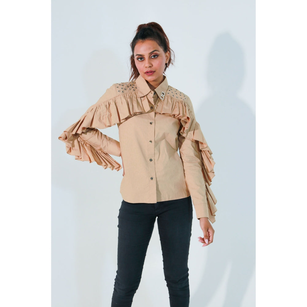 Echke Khaki Ruffled Shirt with Eyelit Feature Shoulders and Collar