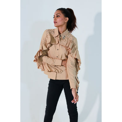 Echke Khaki Ruffled Shirt with Eyelit Feature Shoulders and Collar