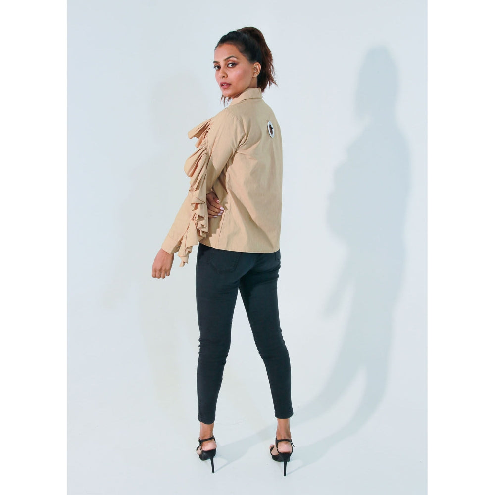 Echke Khaki Ruffled Shirt with Eyelit Feature Shoulders and Collar