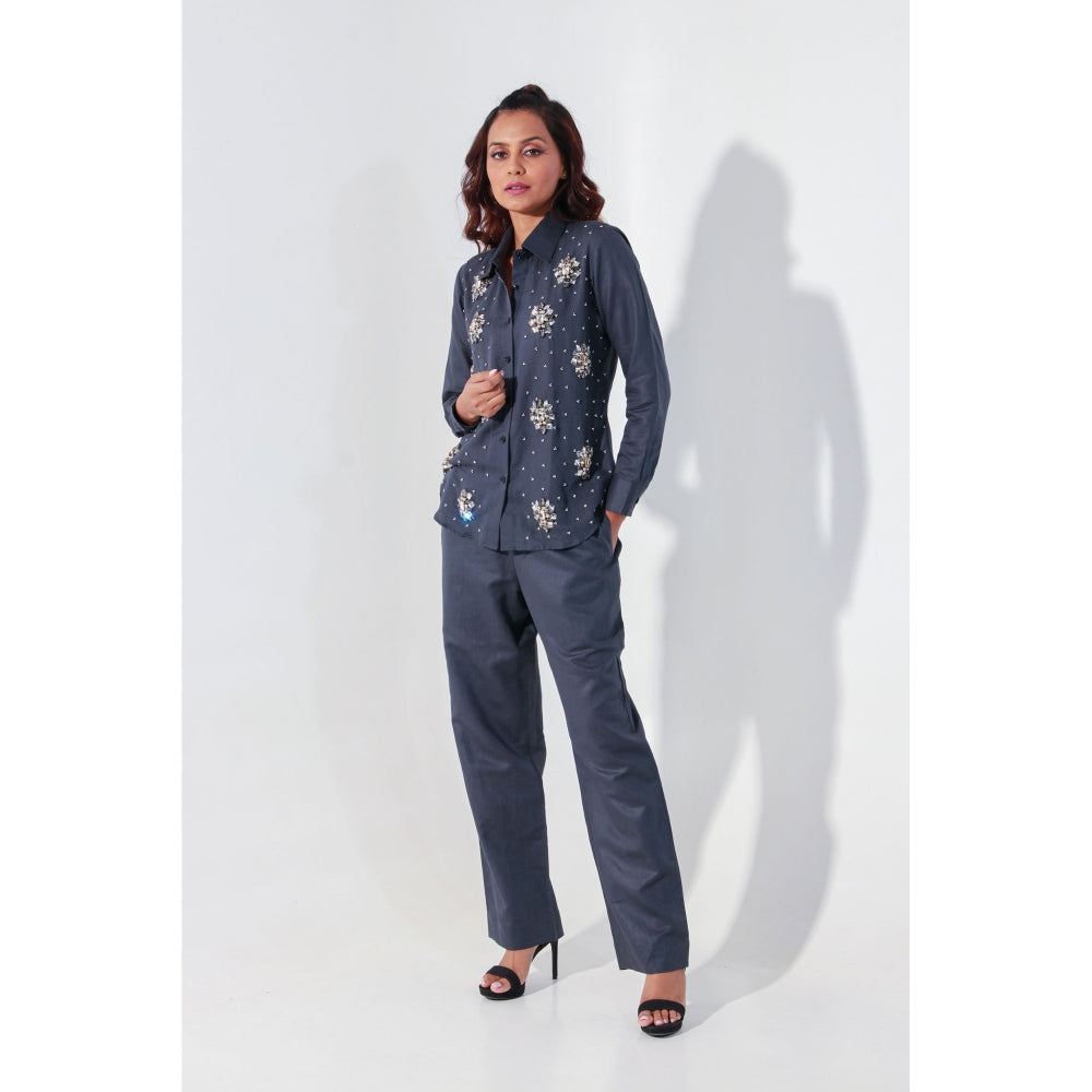 Echke Charcoal Linen Co-Ord with Embroidery (Set of 2)