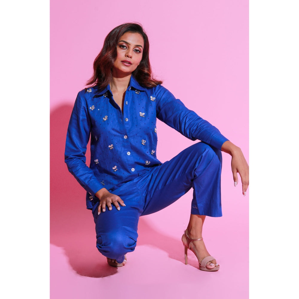 Echke Ink Blue Linen Co-Ord with Embroidery (Set of 2)