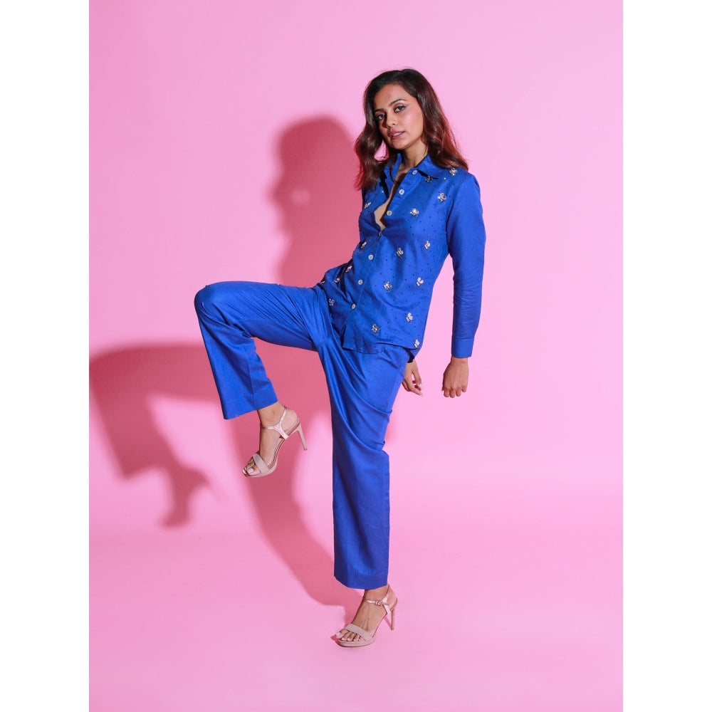 Echke Ink Blue Linen Co-Ord with Embroidery (Set of 2)